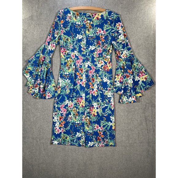 Shelby palmer Midi Dress Womens 6 Flutter bell Sleeve Pop Colorful Tropical - Picture 7 of 11